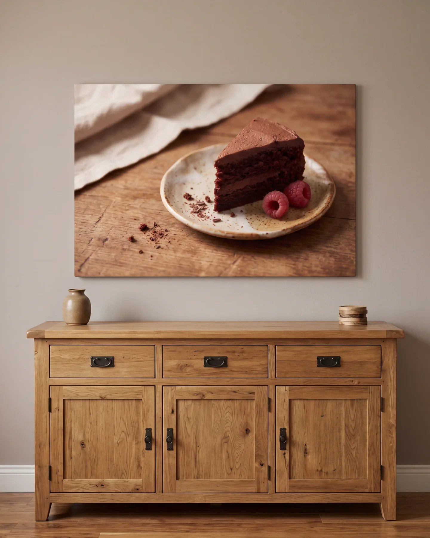 Leinwandbild – Schokoladenkuchen mit Himbeeren