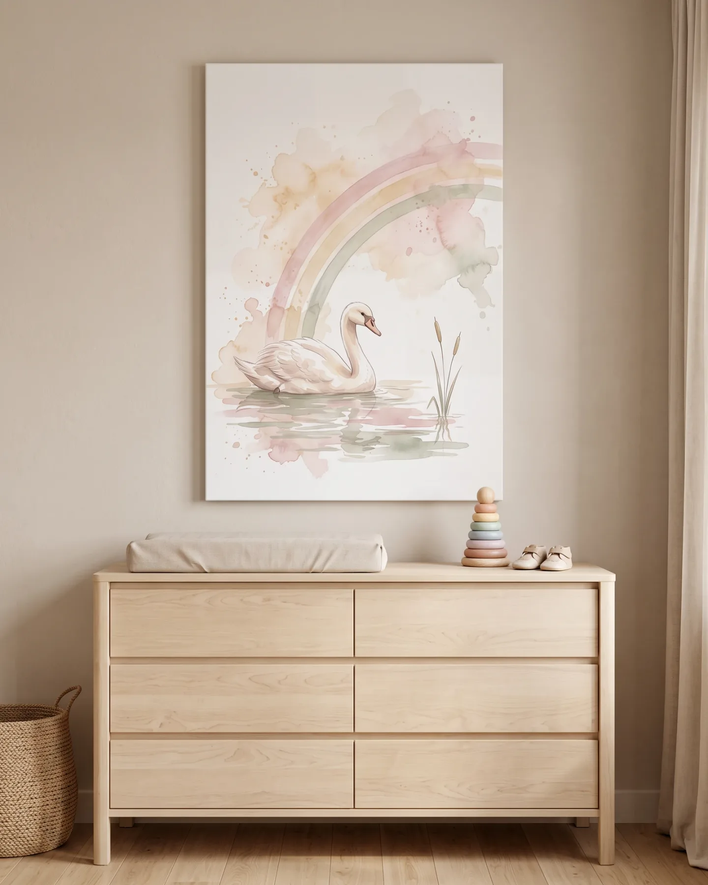 Canvas print – Swan Beneath a Pastel Rainbow