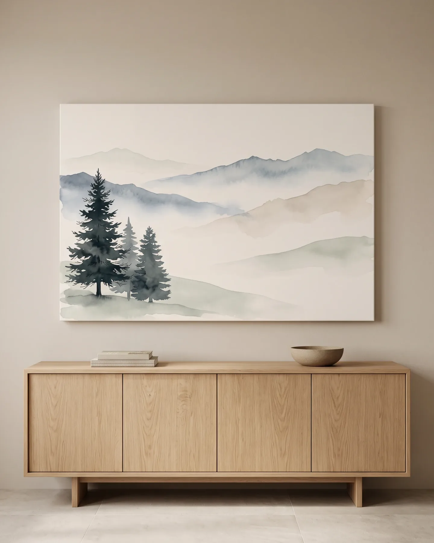 Leinwandbild – Aquarell-Berglandschaft mit Nadelbäumen im Nebel