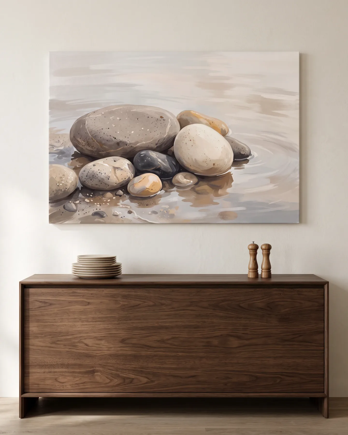 Leinwandbild – Steingruppe in sanften Wasserreflexen