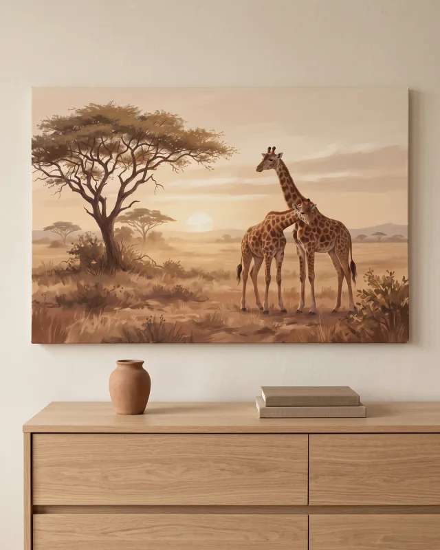 Leinwandbild – Giraffen im Licht der blassen Sonne