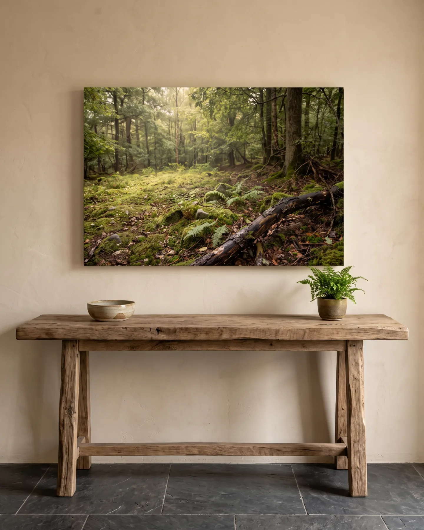 Leinwandbild – Licht auf dem moosigen Waldboden