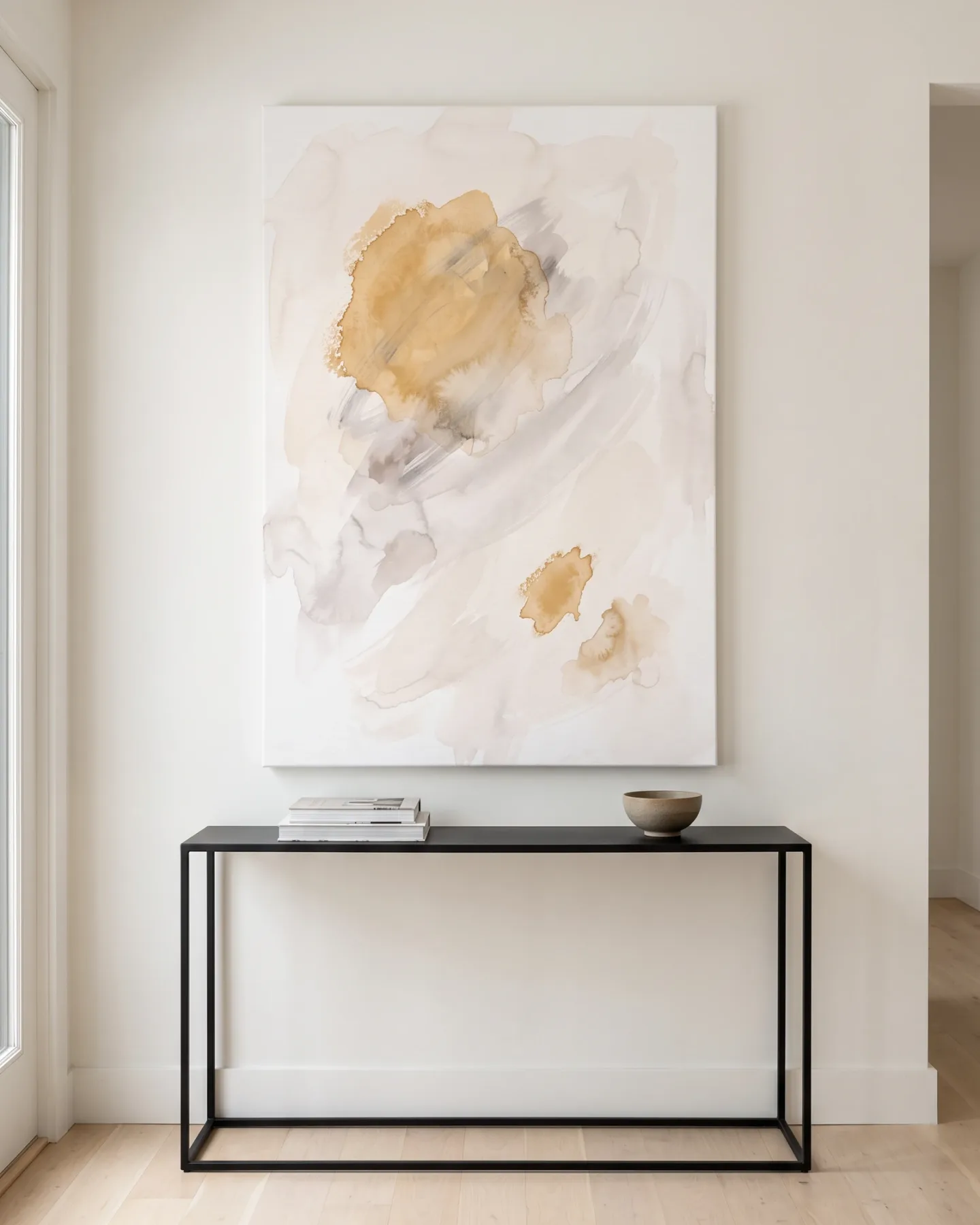 Leinwandbild – Ockerfarbene Aquarellformen auf hellem Grund