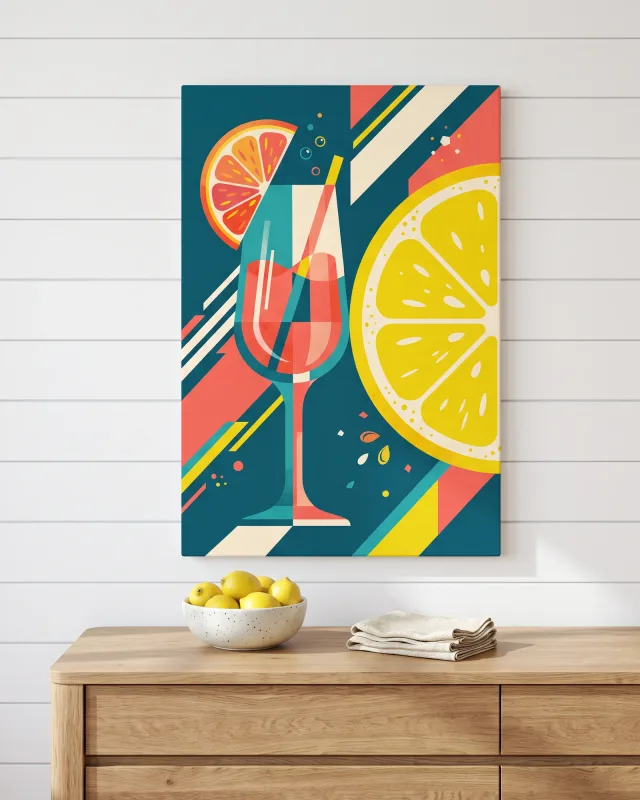 Leinwandbild – Zitrus-Cocktail in geometrischer Grafik