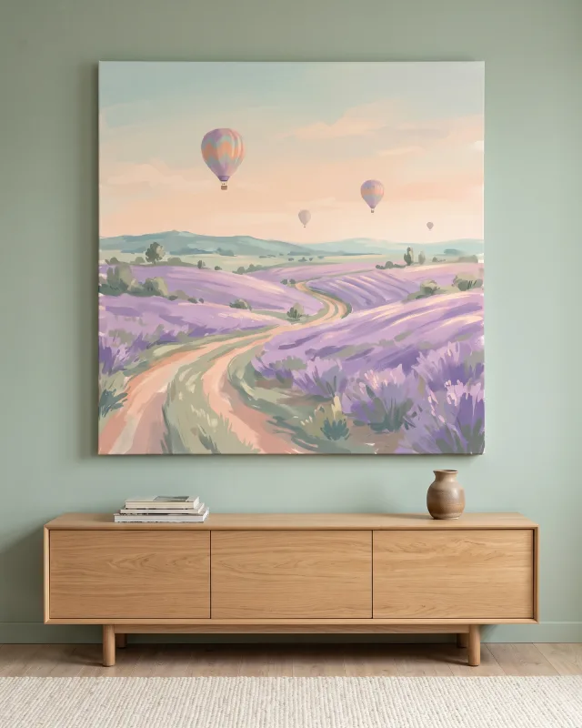 Leinwandbild – Heißluftballons über violetten Feldern