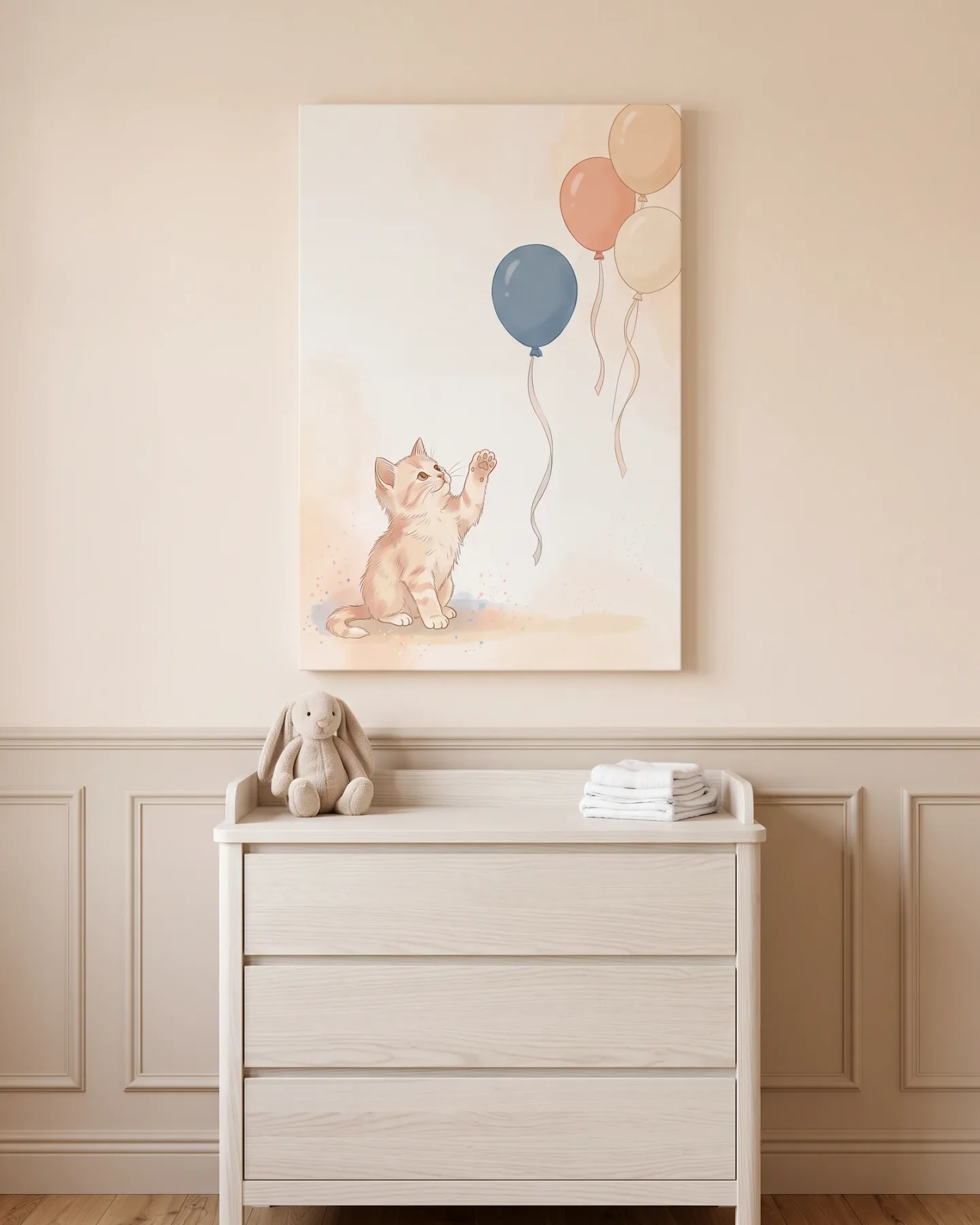 Leinwandbild – Verspieltes Kätzchen mit Luftballons