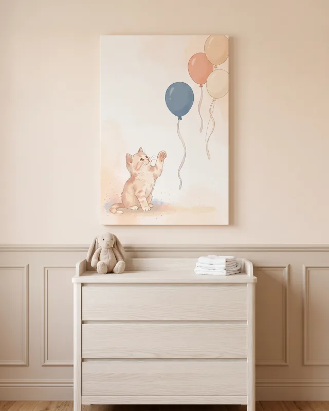 Leinwandbild – Verspieltes Kätzchen mit Luftballons
