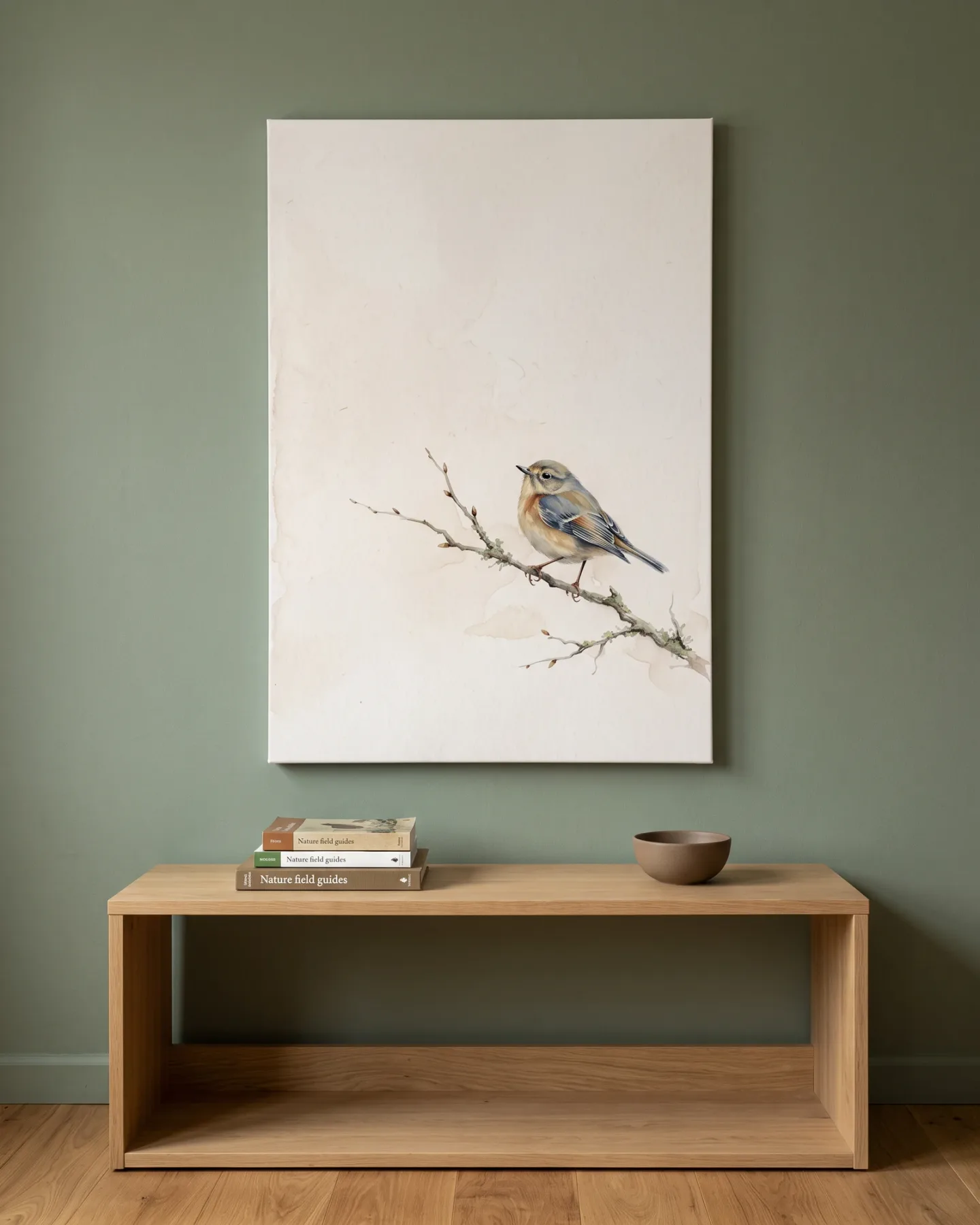 Leinwandbild – Bunter Vogel auf zart knospendem Zweig