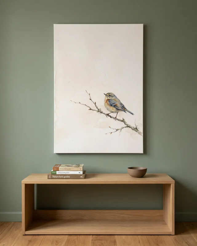 Leinwandbild – Bunter Vogel auf zart knospendem Zweig