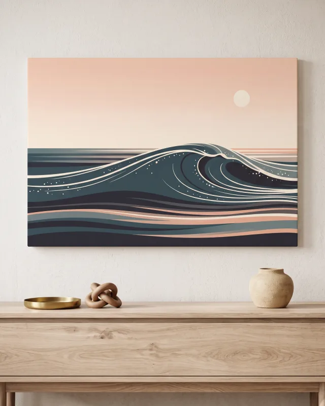 Leinwandbild – Stilisierte Welle unter einer hellen Sonne