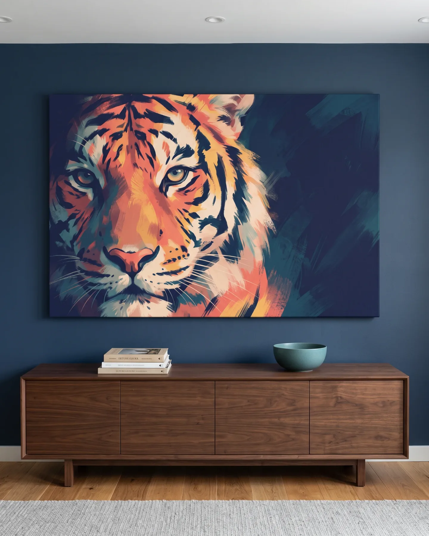 Leinwandbild – Nahaufnahme eines Tigers in leuchtenden Farben