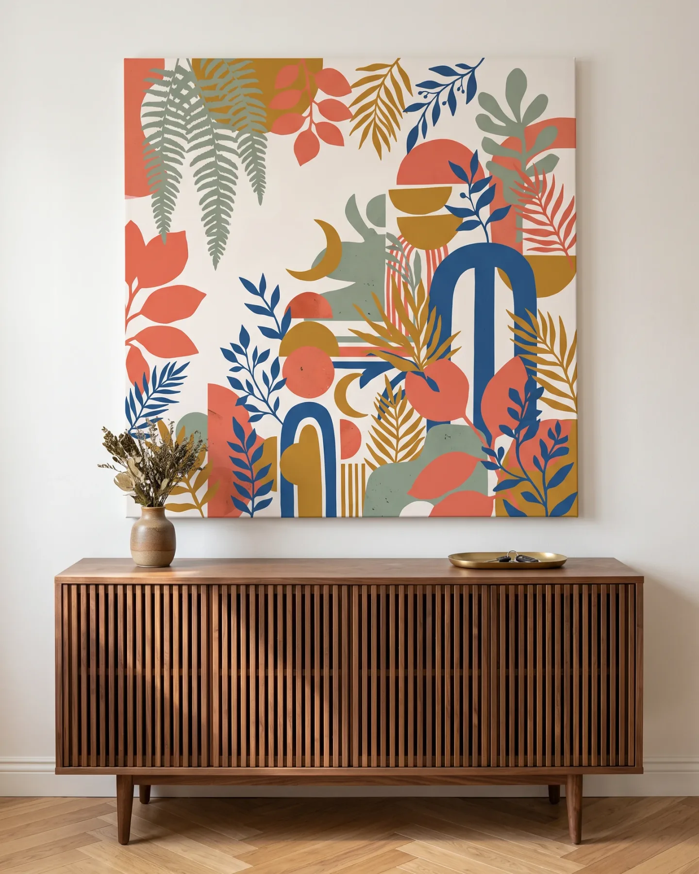 Leinwandbild – Bunte Blattformen und blaue Bögen