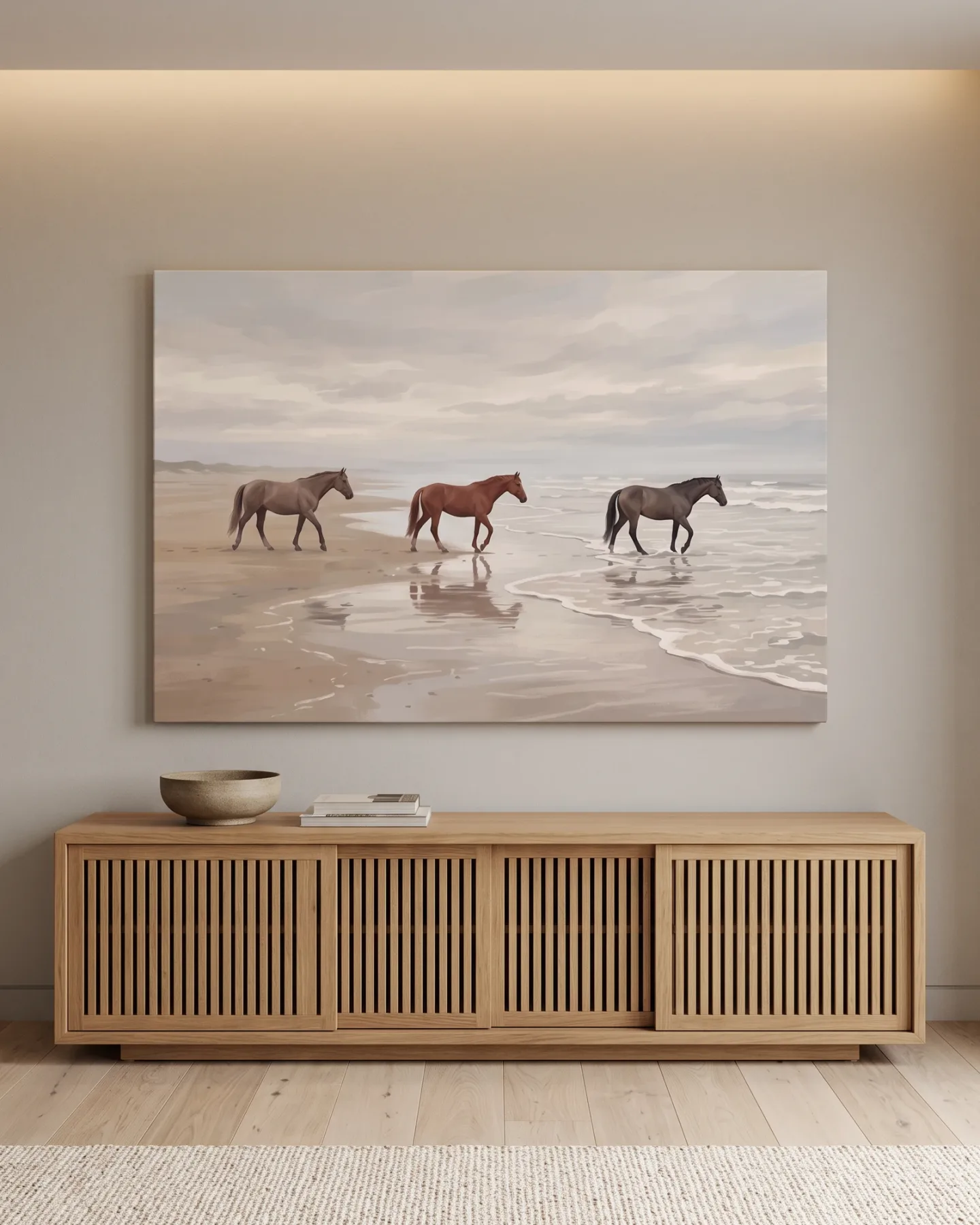 Leinwandbild – Drei Pferde am Meer