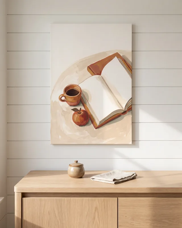 Leinwandbild – Lesepause mit Kaffeetasse und Apfel