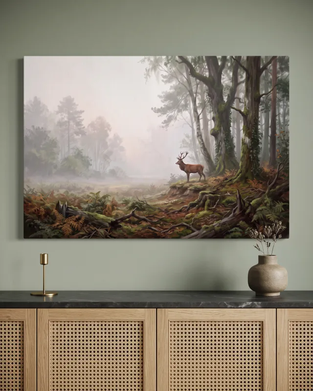 Leinwandbild – Hirsch auf einer moosigen Waldböschung
