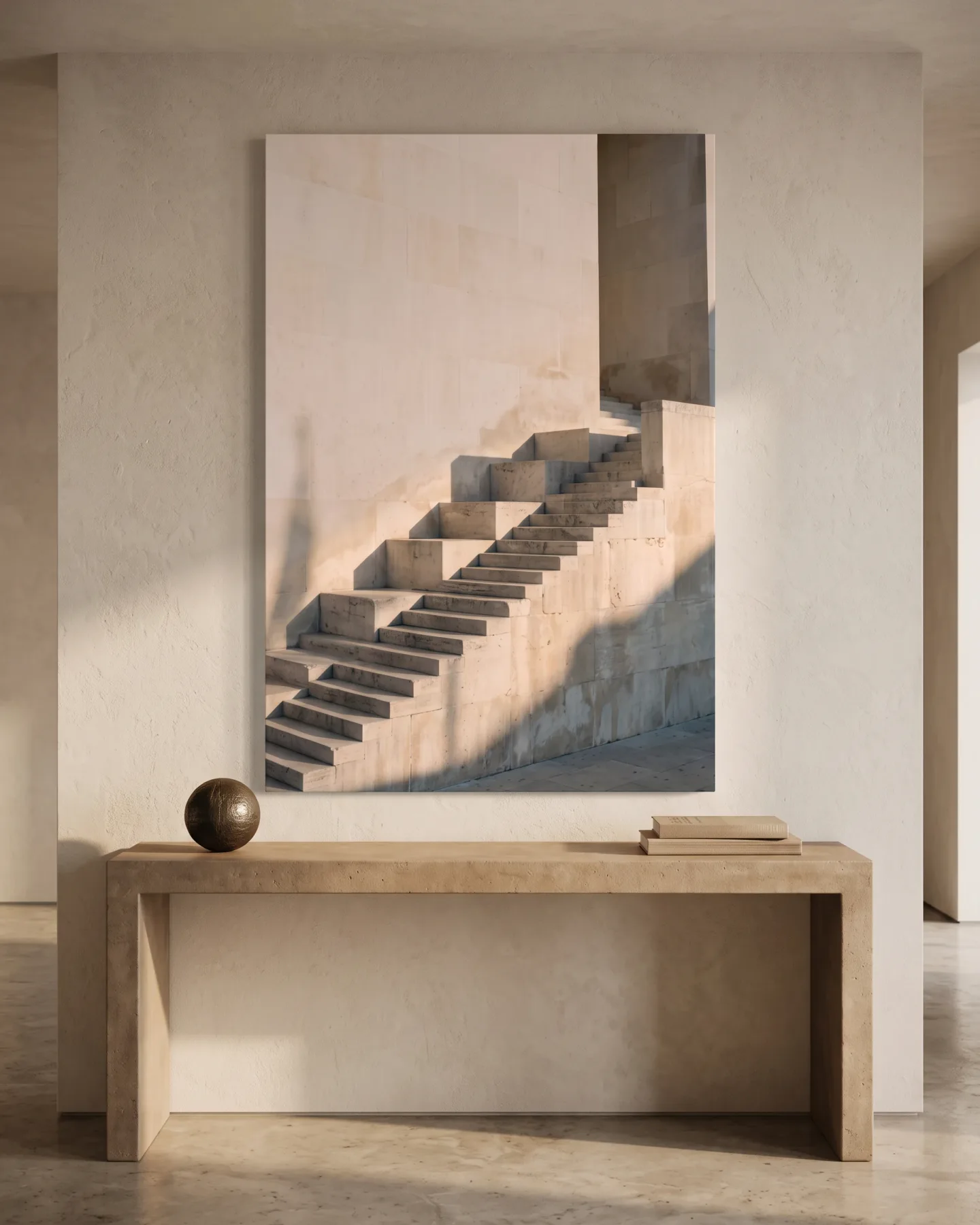 Leinwandbild – Steintreppe mit scharfem Diagonalschatten