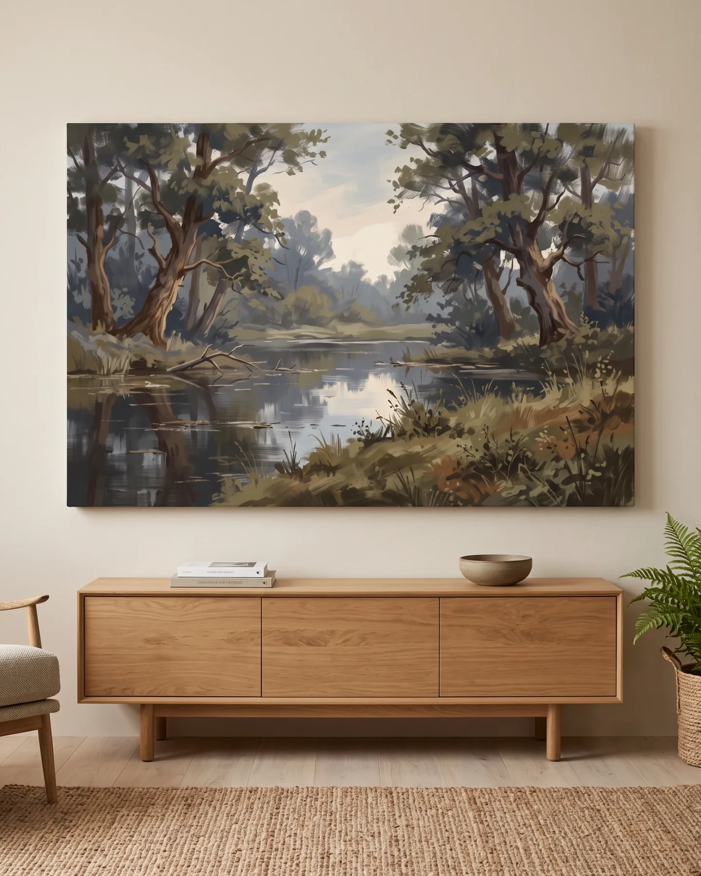 Leinwandbild – Waldteich in einer gemalten Landschaft – Leinwandbild