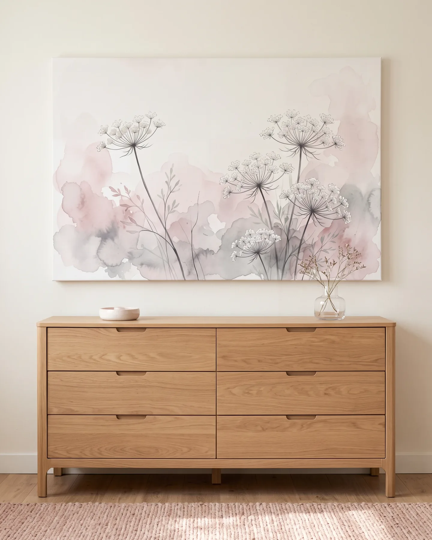 Canvas print – White Umbel Flowers Against Rose and Grey Watercolor Washes