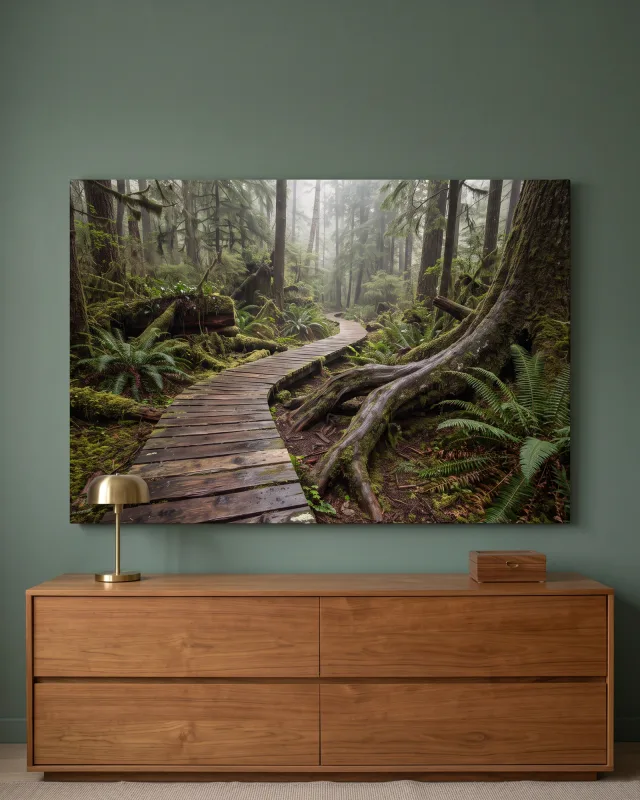 Leinwandbild – Holzsteg durch einen nebligen Wald