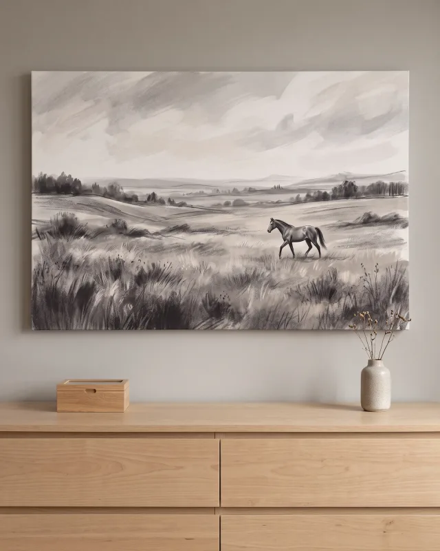 Leinwandbild – Pferd zwischen hohen Gräsern und Wolkenstrichen