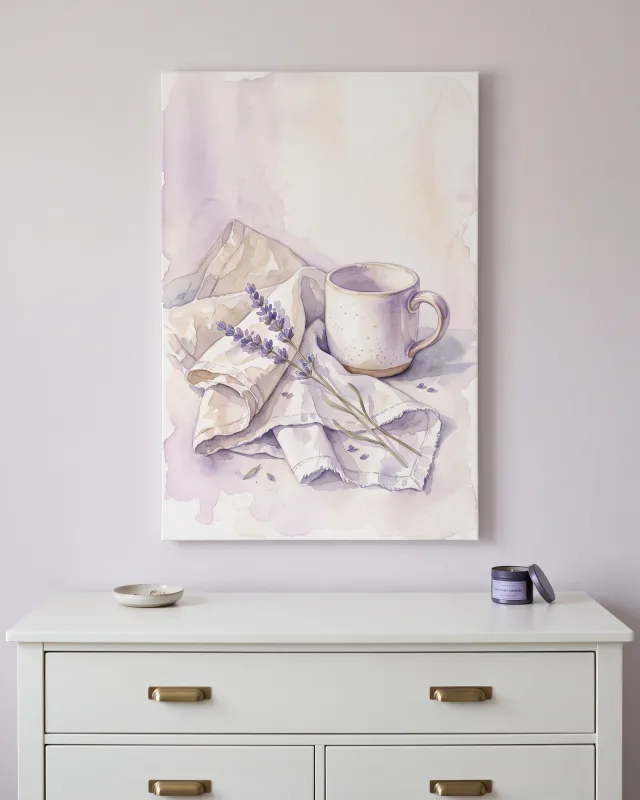 Leinwandbild – Lavendelzweige neben gesprenkelter Tasse