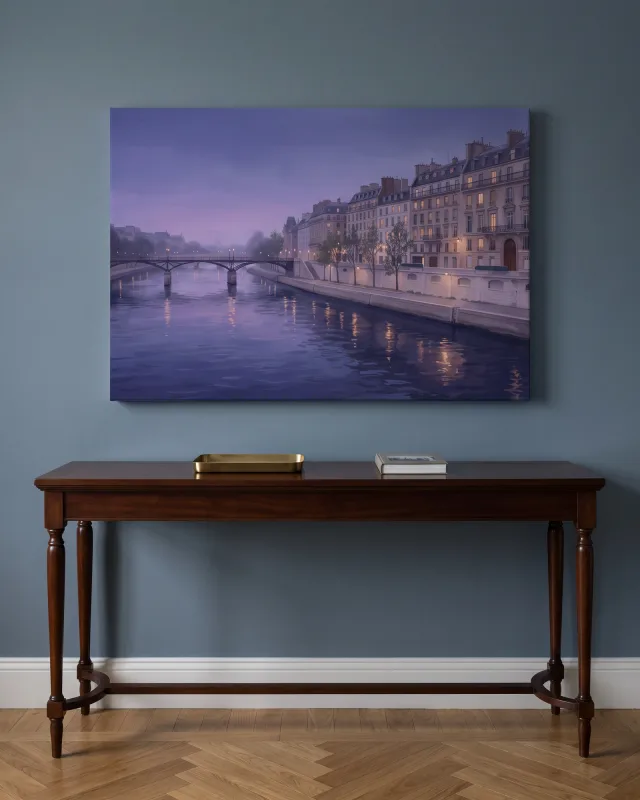 Leinwandbild – Stadt am Fluss im violetten Abendlicht