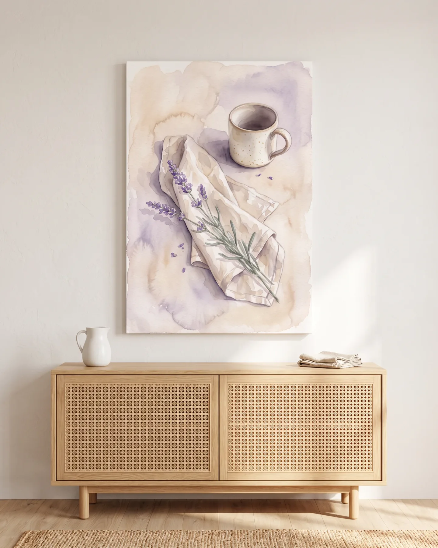 Leinwandbild – Tasse mit Lavendel und cremefarbenem Leinen