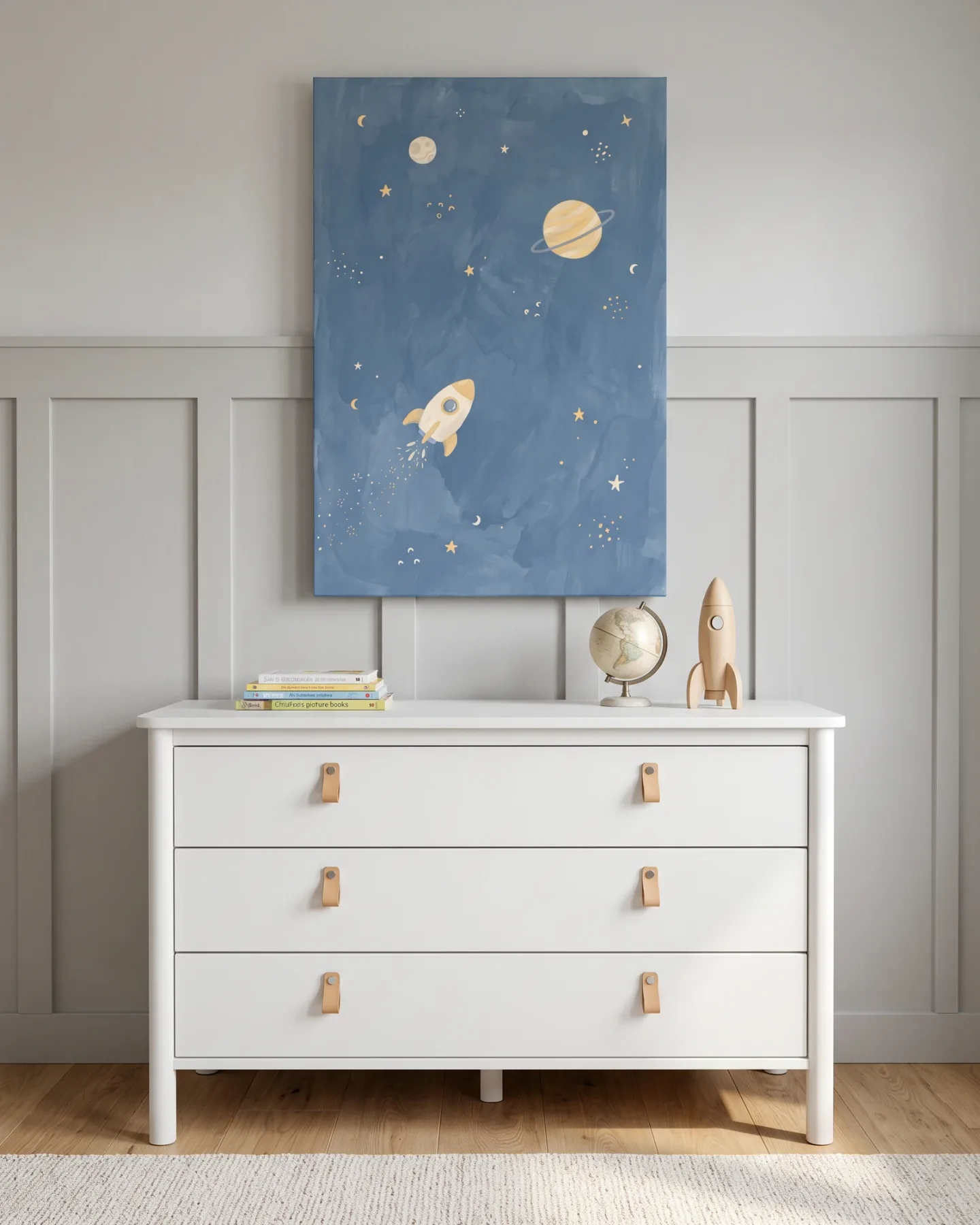 Leinwandbild – Kleine Rakete zwischen Sternen und Ringen