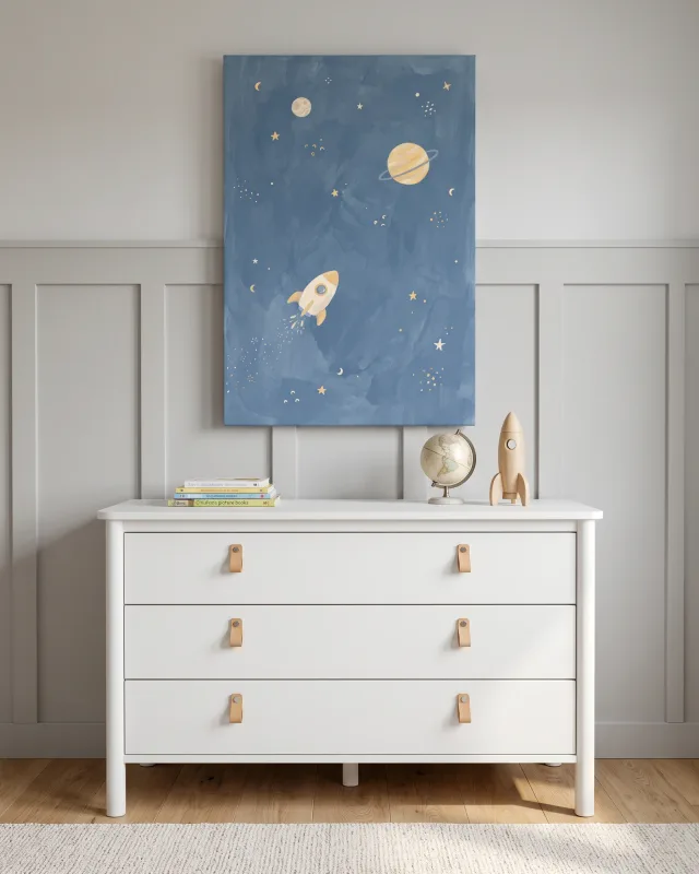Leinwandbild – Kleine Rakete zwischen Sternen und Ringen