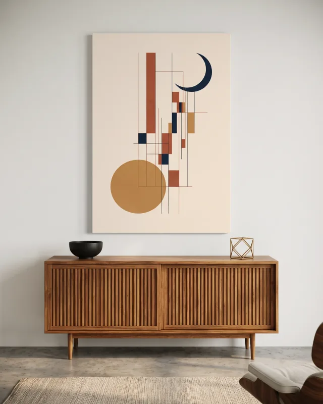 Leinwandbild – Sonne und Mondsichel in geometrischer Komposition