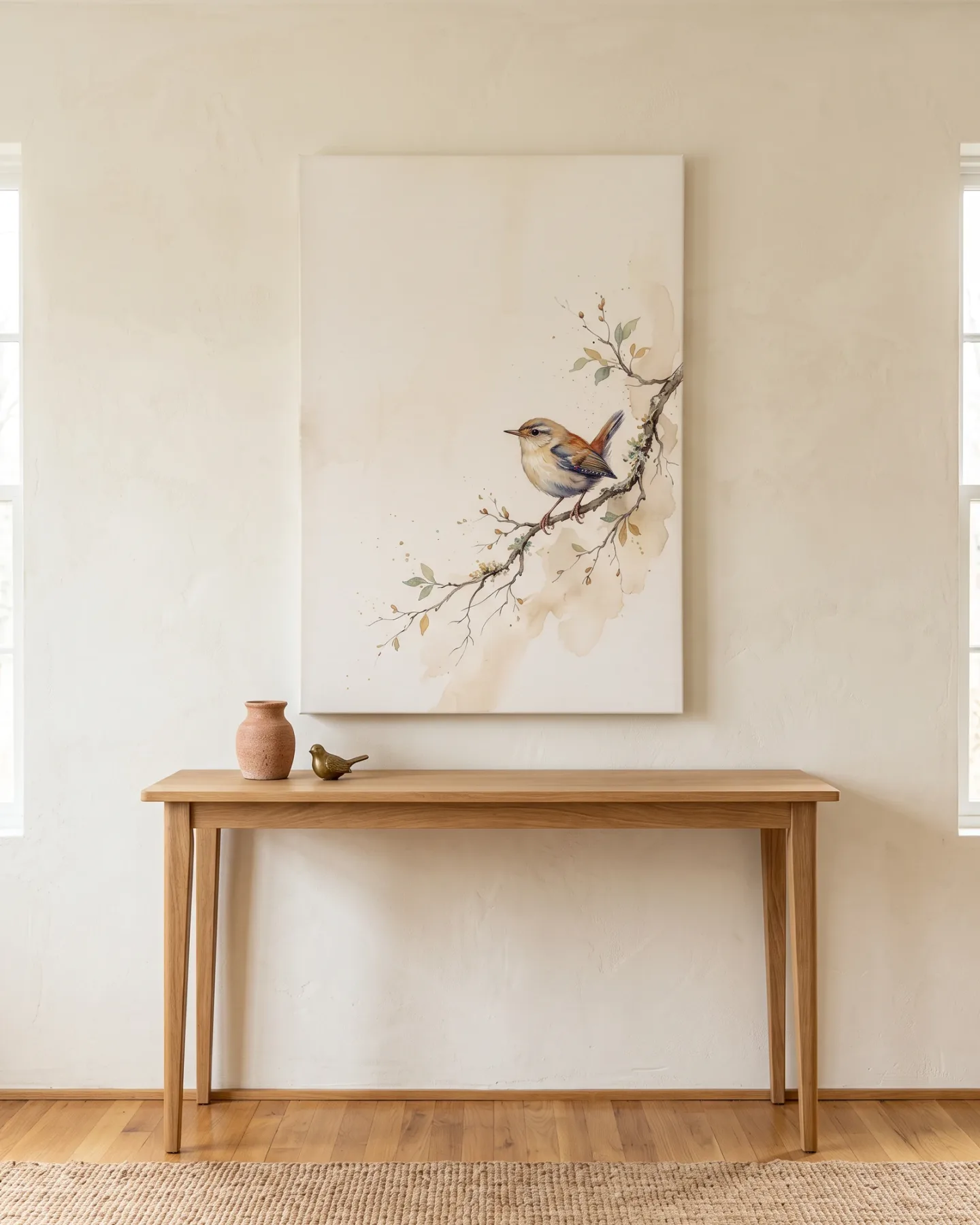 Leinwandbild – Kleiner Vogel zwischen Laub und Knospen