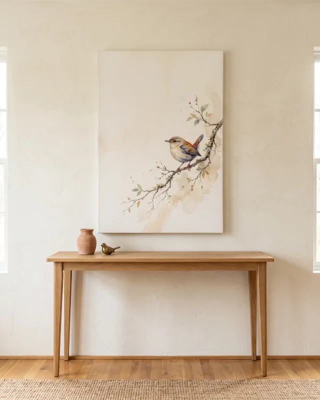 Leinwandbild – Kleiner Vogel zwischen Laub und Knospen