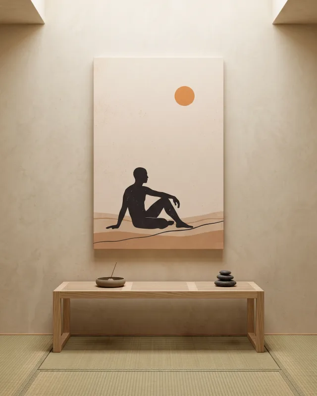 Leinwandbild – Sitzende Silhouette über sanften Dünen
