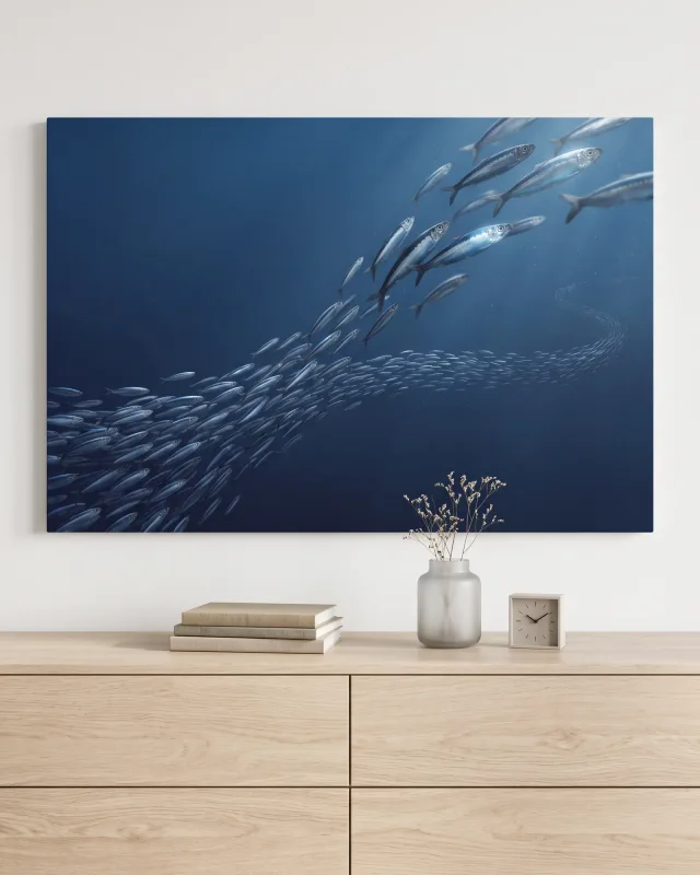Leinwandbild – Silberne Fischschwärme im tiefblauen Wasser