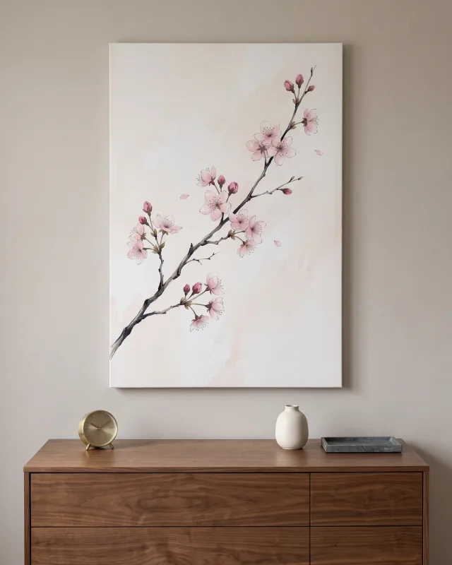 Leinwandbild – Kirschzweig mit rosa Blüten und Knospen