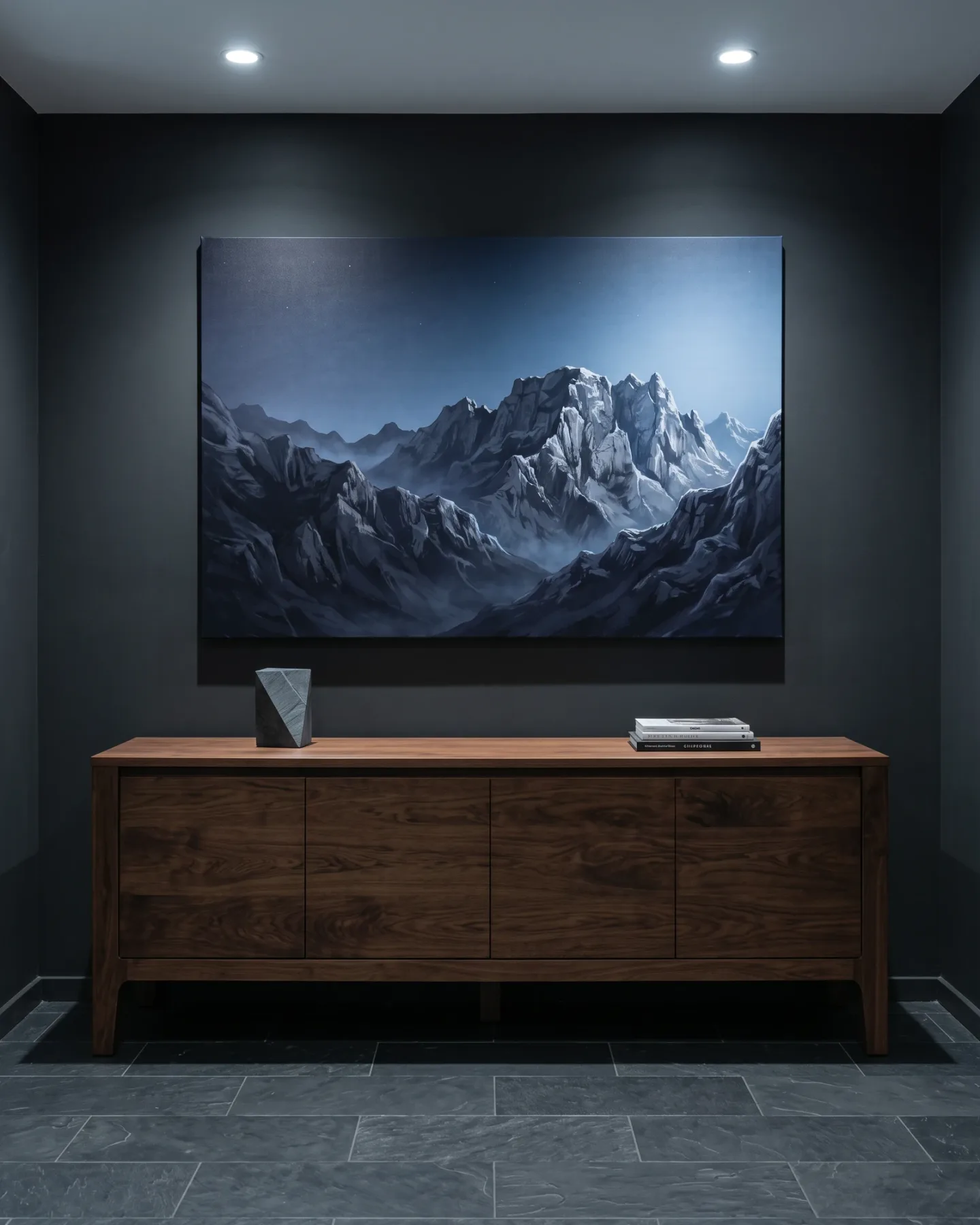 Leinwandbild – Nächtliche Berglandschaft im kühlen Blau