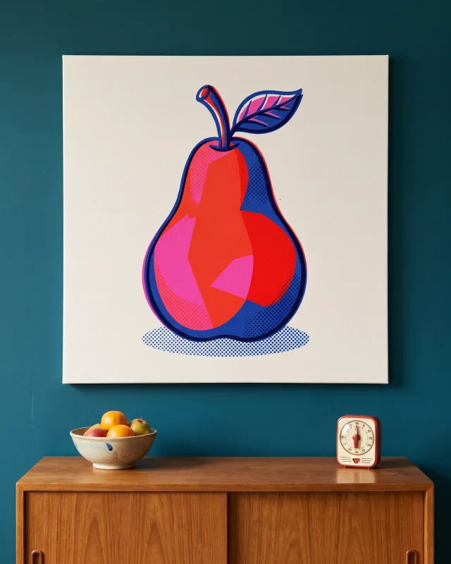 Leinwandbild – Grafische Birne in Rot, Pink und Blau
