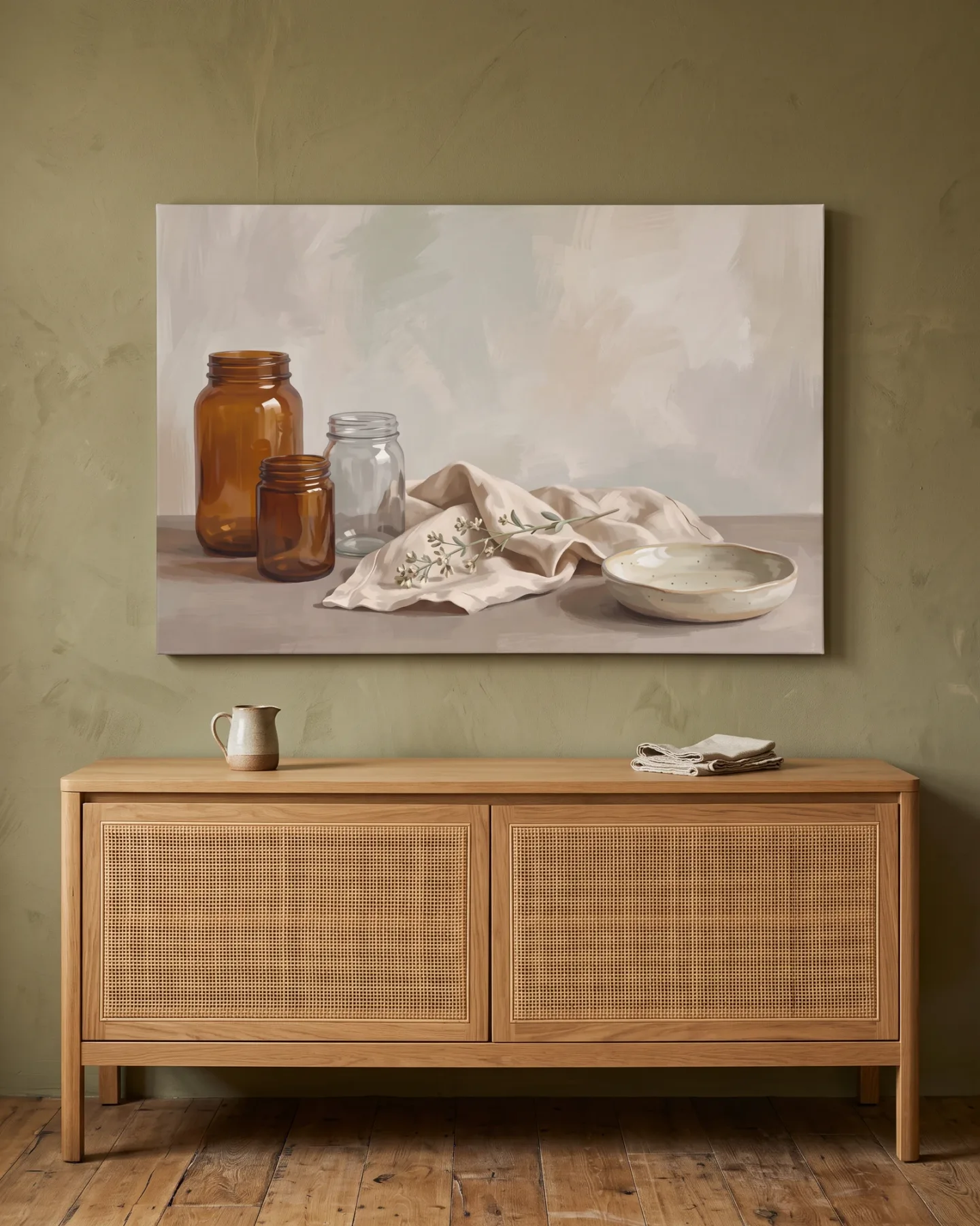 Canvas print – Still Life with Glass Jars and a Sprig