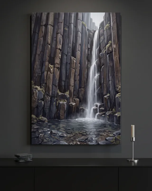 Leinwandbild – Wasserfall zwischen hohen Felswänden