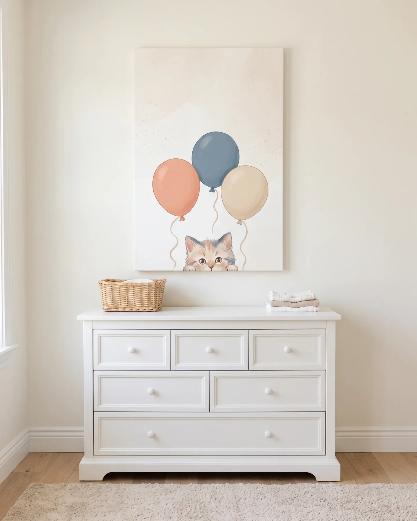 Leinwandbild – Kätzchen mit drei Luftballons