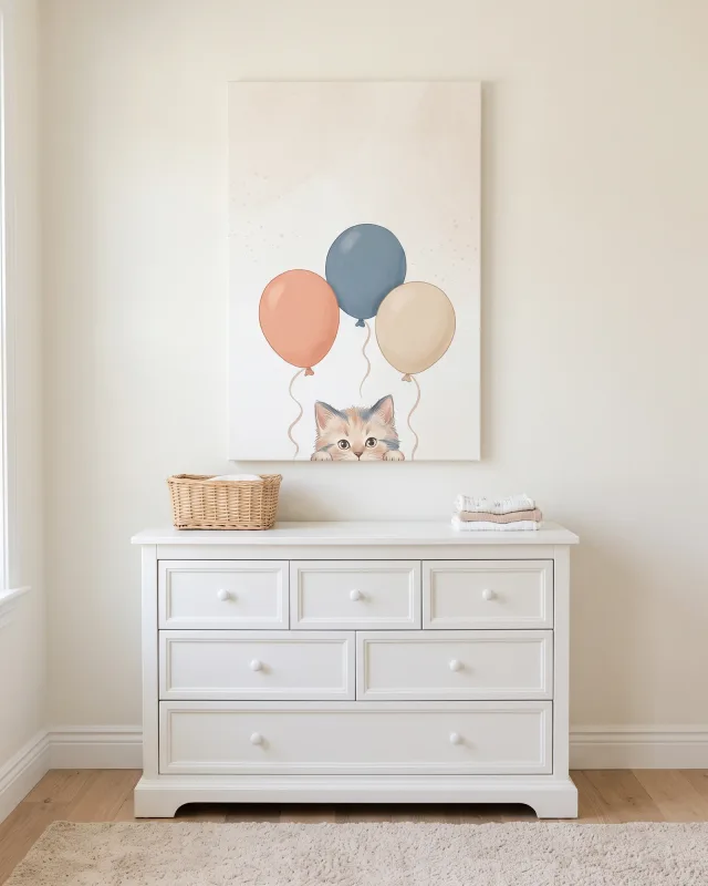 Leinwandbild – Kätzchen mit drei Luftballons