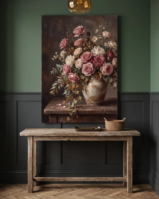 Leinwandbild – Rosen und Efeu im dunklen Blumenstillleben