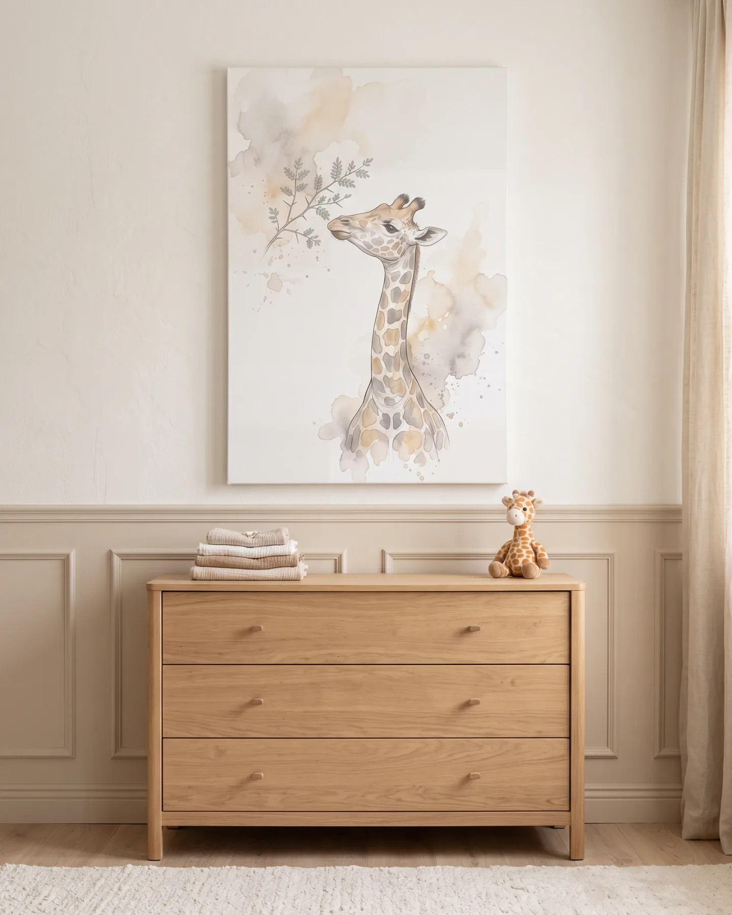 Leinwandbild – Giraffe mit Blätterzweig