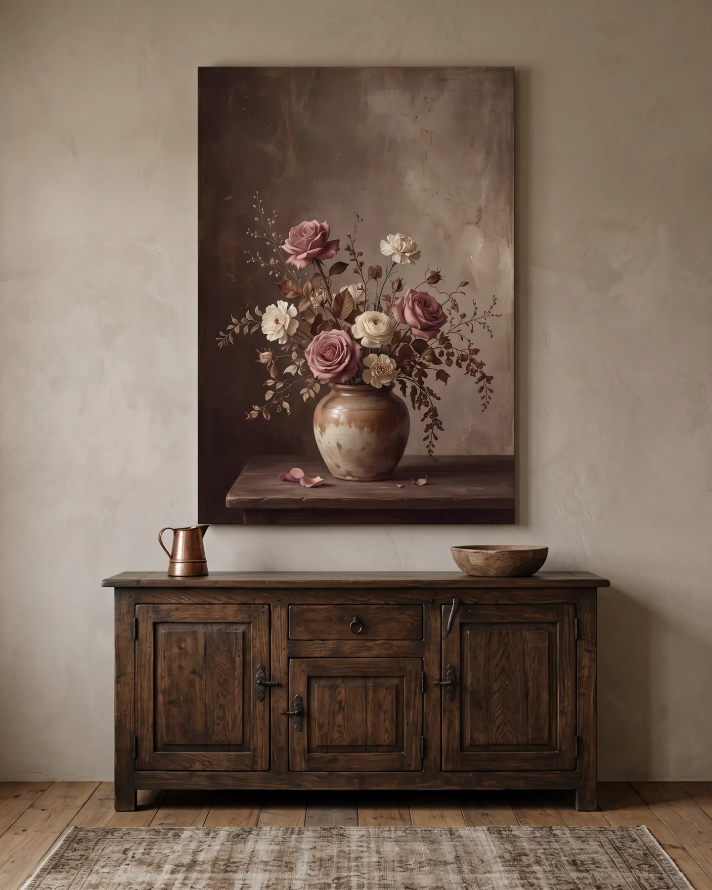 Leinwandbild – Zartrosa Rosen in einer erdfarbenen Vase