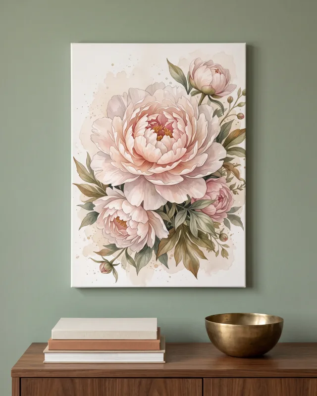 Leinwandbild – Zarte Pfingstrosengruppe in Rosa und Oliv