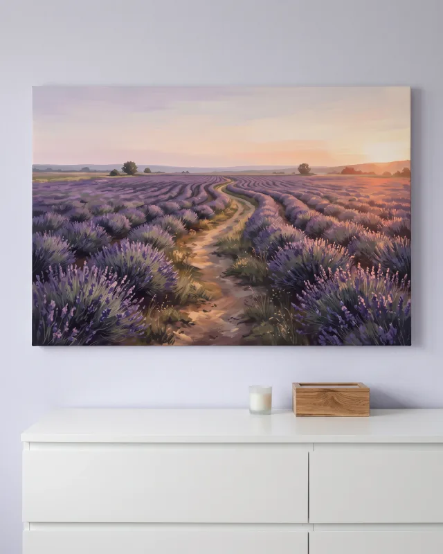 Leinwandbild – Lavendelfeld im Abendlicht