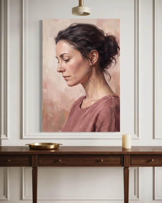 Leinwandbild – Gesenkter Blick in weichem Mauve
