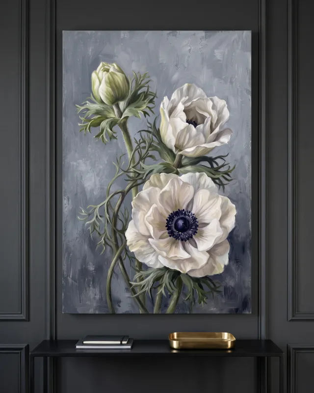 Leinwandbild – Anemonen mit dunklen Mitten und grünen Stielen