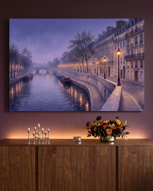 Leinwandbild – Abend am Flussufer