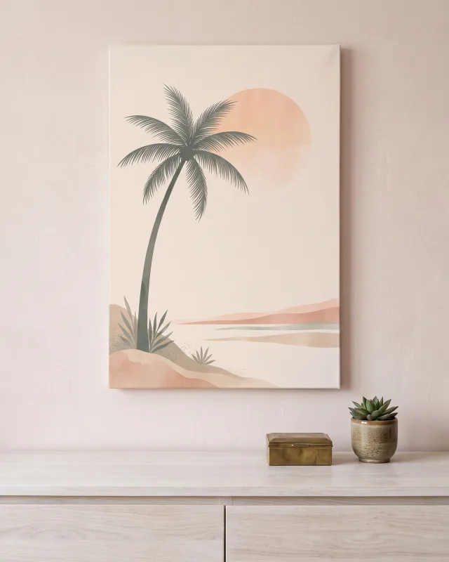 Leinwandbild – Geneigte Palme vor hellen Sanddünen